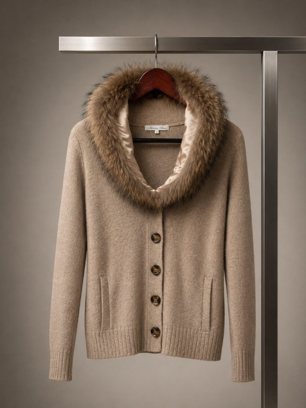 Minnie Rose 100% Cashmere Cardigan Removable Genuine Fur Collar Oatmeal Camel XS